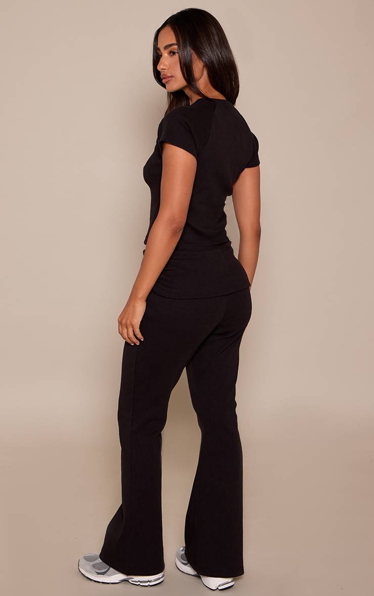 Noir Pantalon Évasé Côtelé Petite Taille Avec Ceinture Repliable