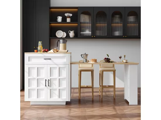 Table de bar extensible 133-202cm avec 2 tiroirs et 4 compartiments îlot cuisine pour 2-6 personnes blanc