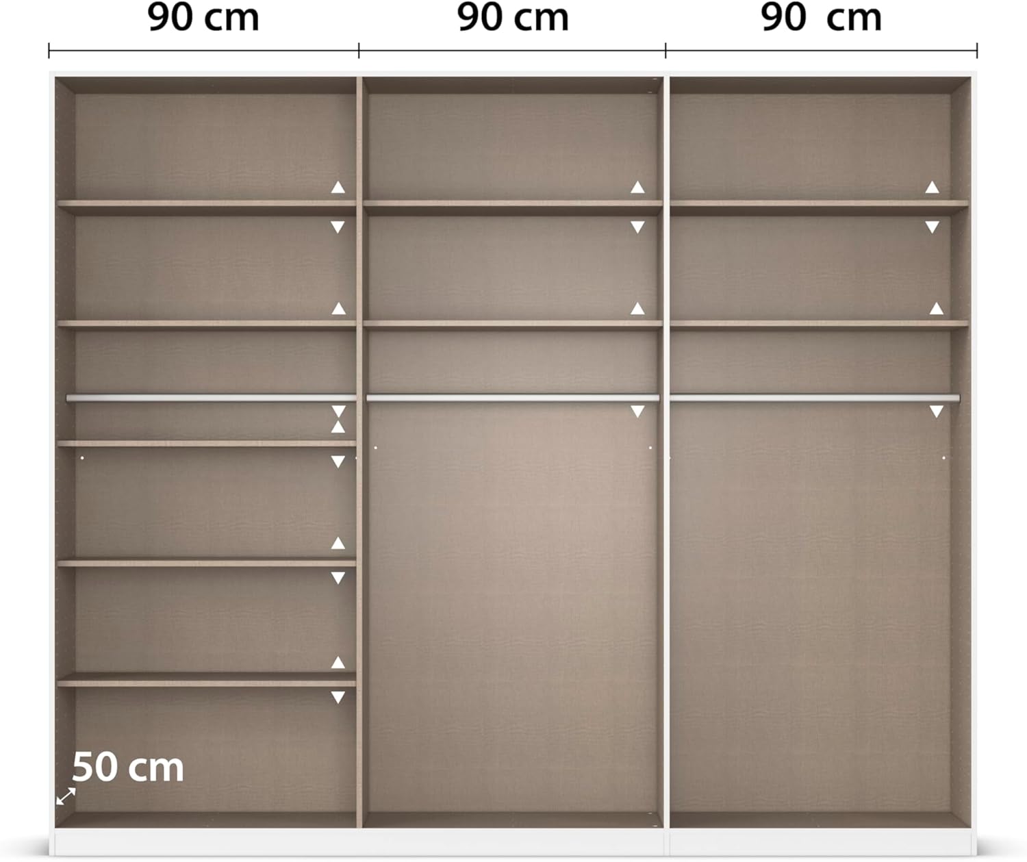 Rauch Möbel Alabama, Kleiderschrank, Garderobenschrank, 6-türig, Spiegel, Zubehör Classic, 3 Kleiderstangen, 9 Einlegeböden, Farbe Weiß, Griff Grau metallic, 271x229x54cm