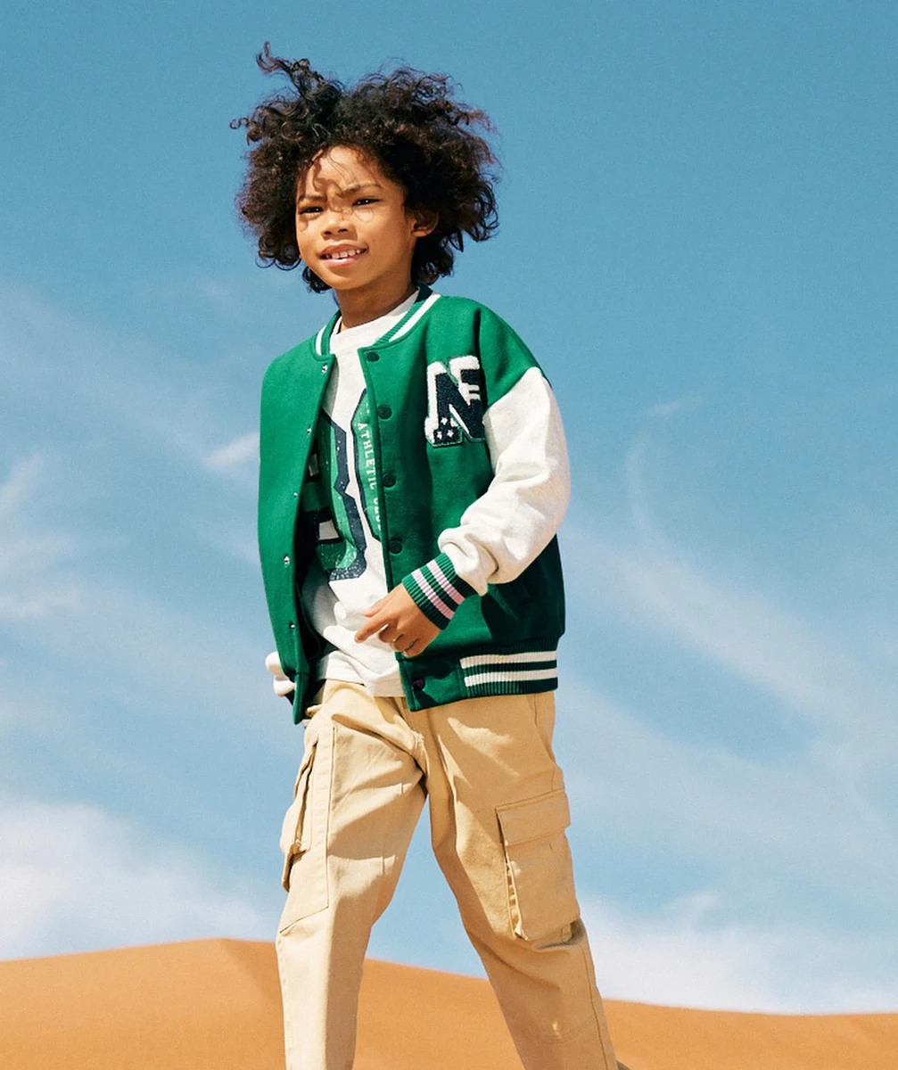 VESTE TEDDY GARÇON EN COTON BIO VERT ET GRIS THÈME CAMPUS