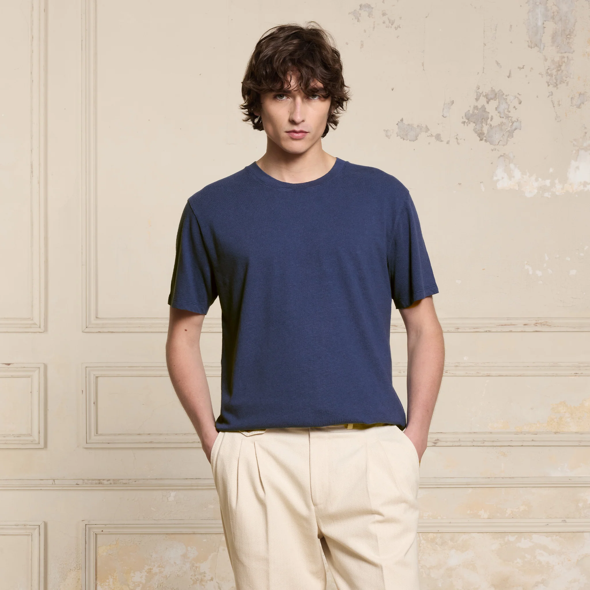 Nautical blue cotton and linen T-shirt