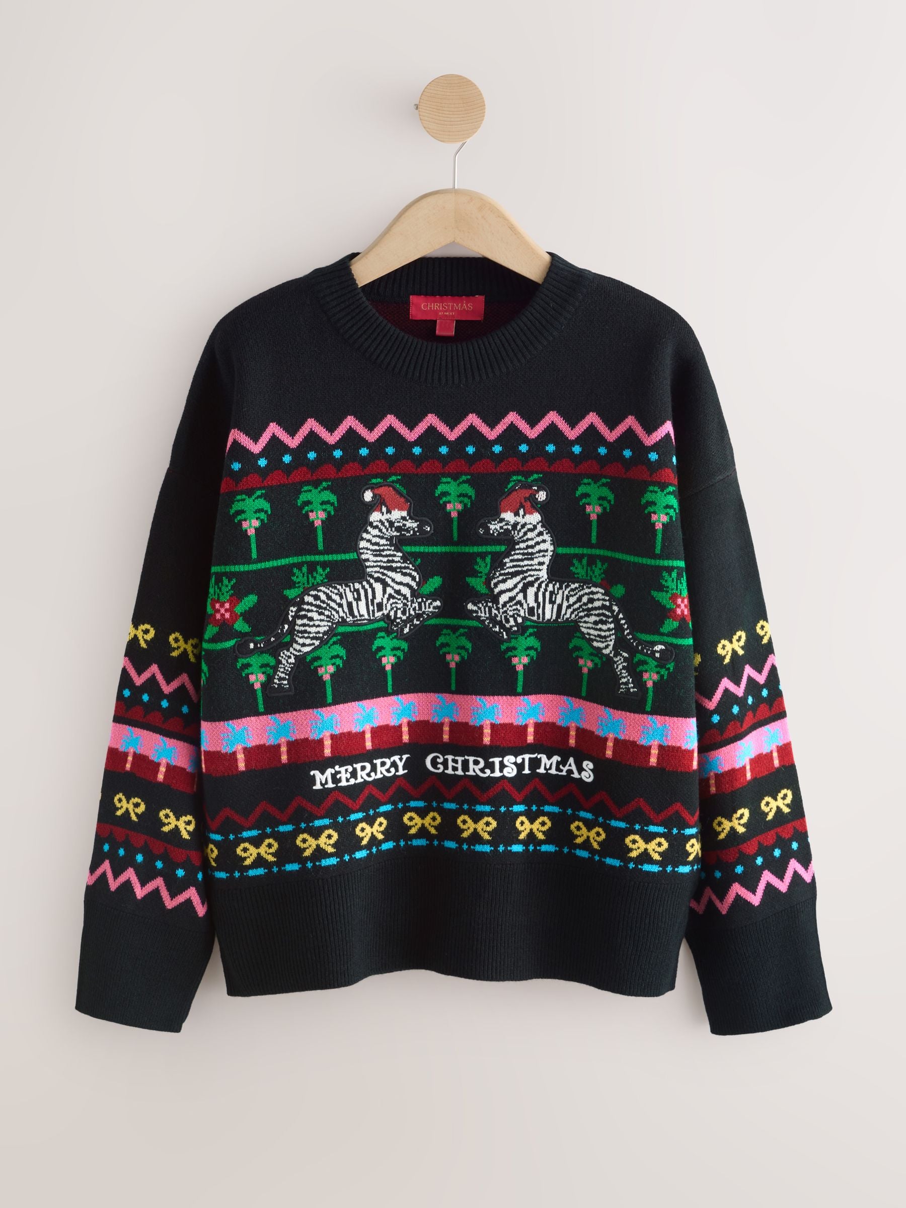 Zwart met meerkleurige tropische zebraprint - Kersttrui