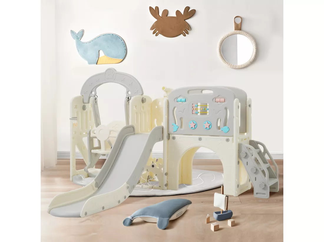 Ensemble balançoire de jeux pour enfants 10 en 1 - 232 x 181 x 116cm - en matériel HDPE - avec toboggan - Gris