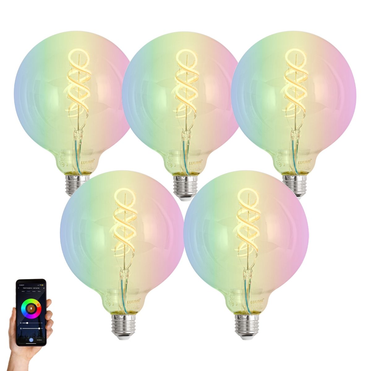 Set van 5 Smart E27 dimbare LED lampen G125 helder RGBW 4W 250 lm 2700K
