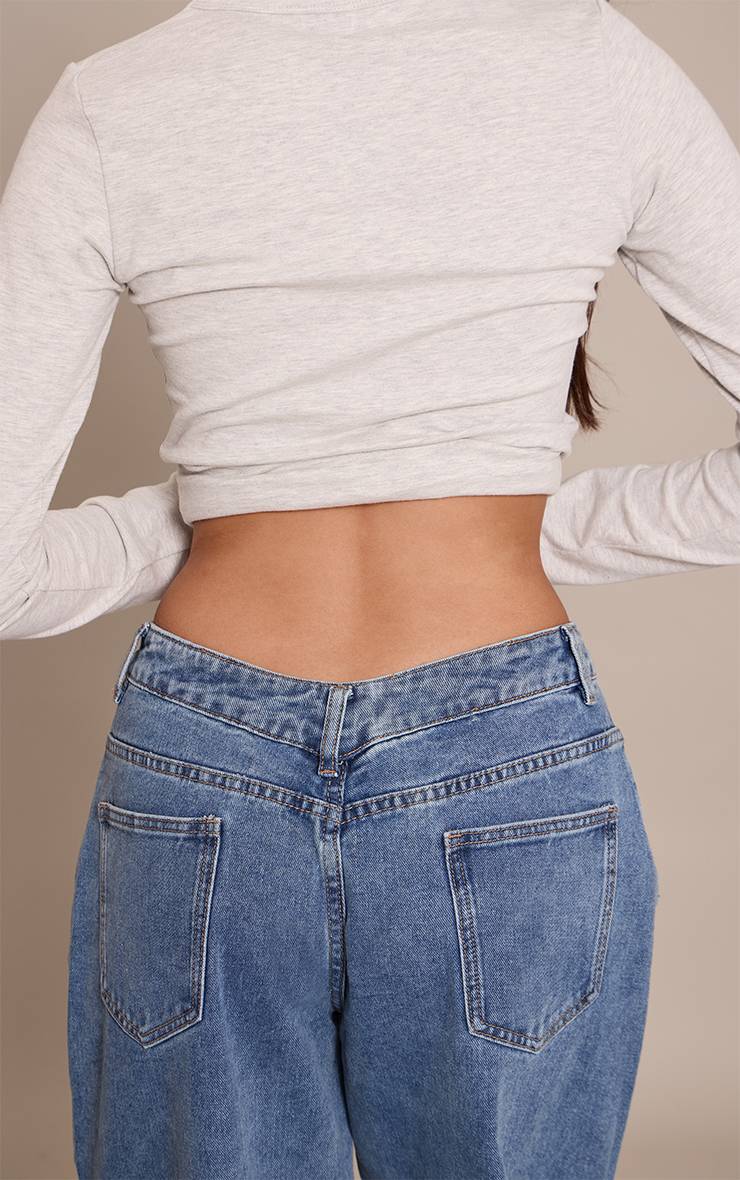 Délavage Vintage Jean Boyfriend Style Dos Plongeant Délavage Bleu Moyen