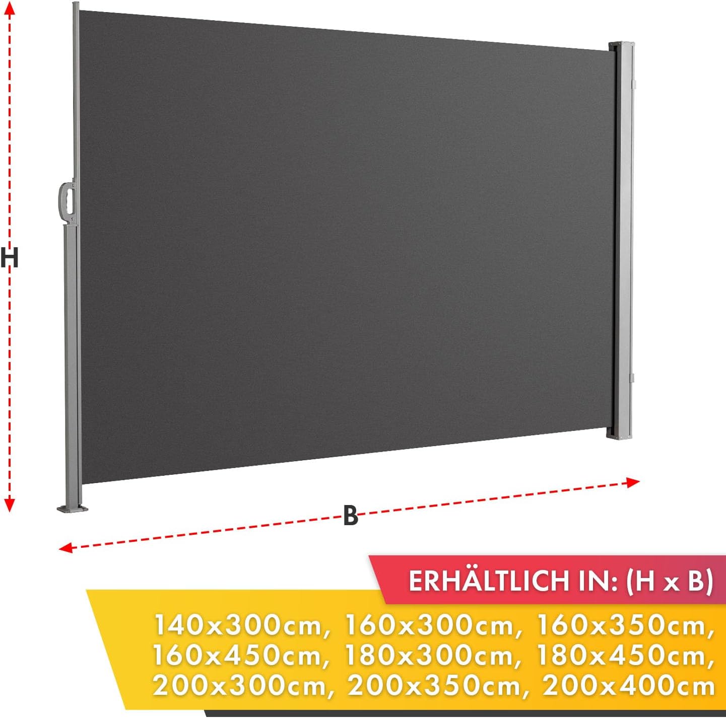 Floordirekt Seitenmarkise aus Aluminium, 200x300cm Anthrazit - ausziehbarer Sicht- & Sonnenschutz für Balkon & Terrasse, Polyester 280 g/m² (PU), UV-Schutz UPF50+, mit Bodenhalterung
