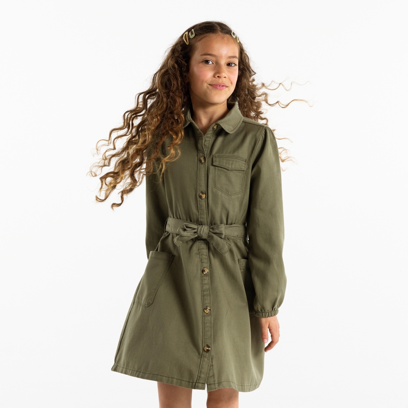 Robe-chemise en toile unie verte fille