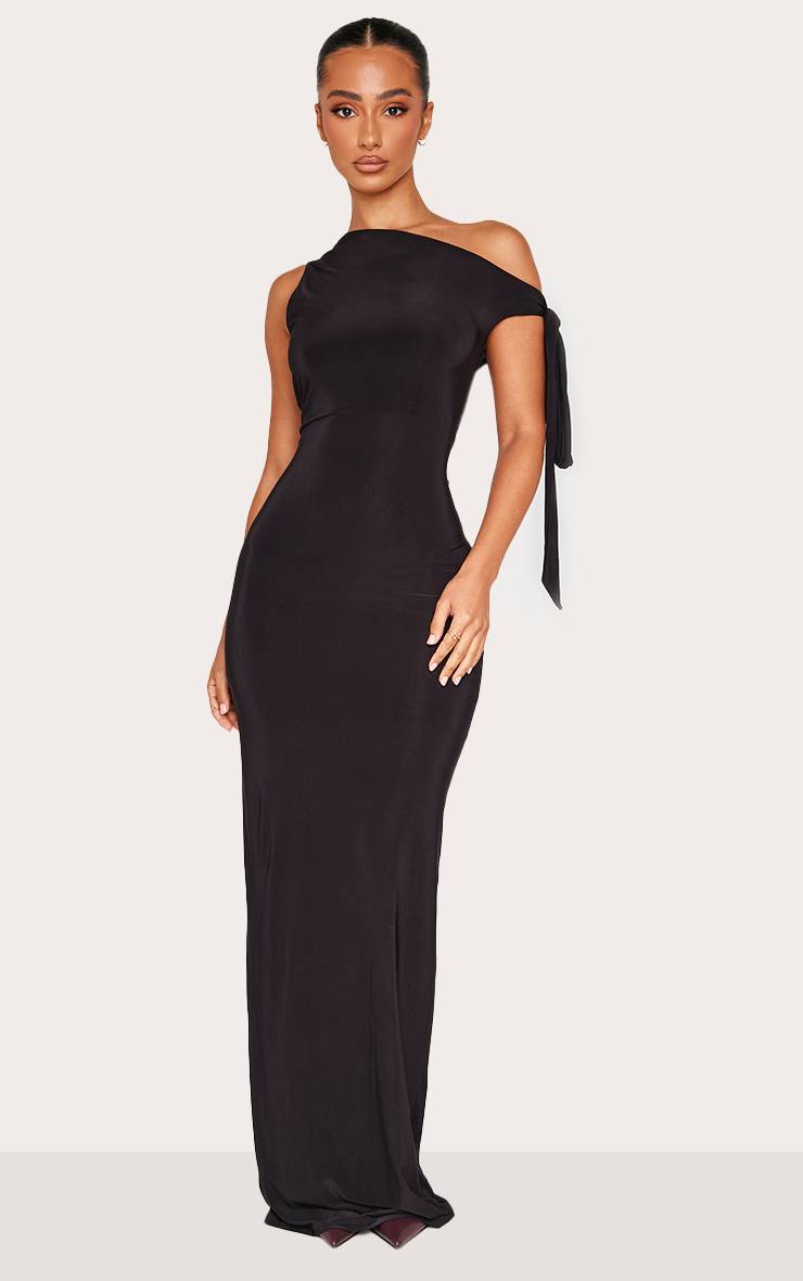 Noir Robe Longue En Jersey Slinky Avec Détail Noué Petite Taille