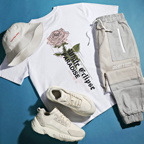 Tee Shirt Oversize Large Paradise Roses Blanc