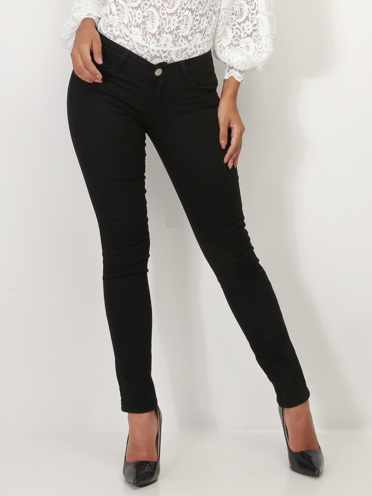 Jeans skinny avec nœuds sur les poches- Noir