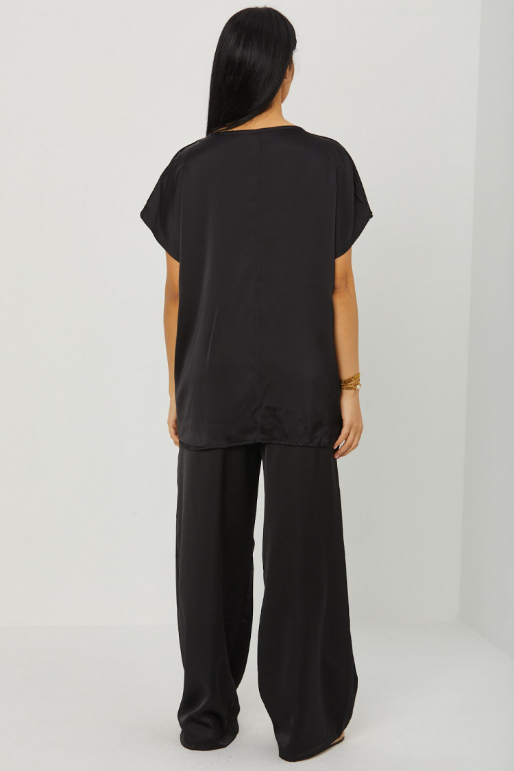 Ensemble 2 pièces blouse + pantalon satiné noir