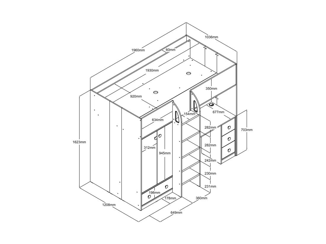 Lit mezzanine 90 x 190 cm avec armoire et bureau - Blanc et naturel + Matelas - CINAMO