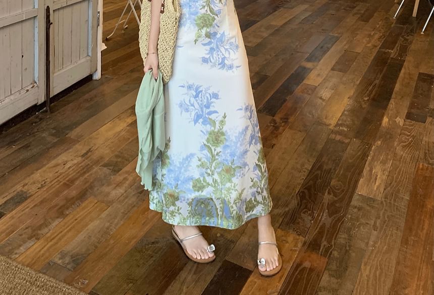 Trendycas - Effen Cardigan / Spaghettibandjes Bloemen Maxi Zomerjurk