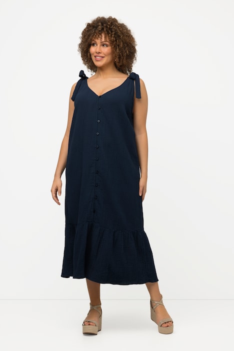 Midikleid, Träger zum Binden, A-Linie, Volant, ärmellos