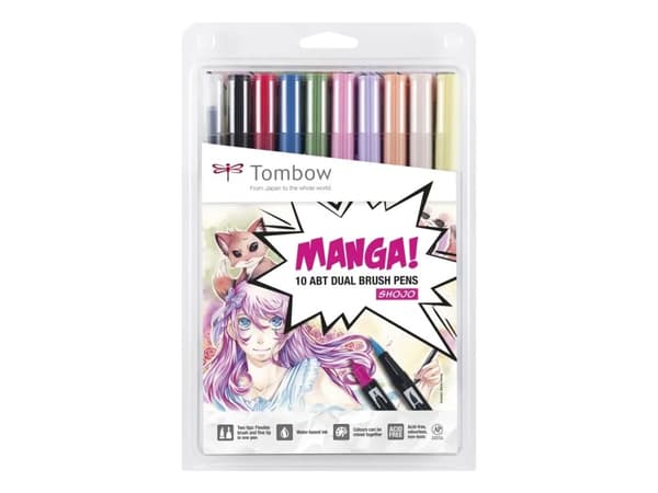 Tombow ABT-10C-MANGA2, Fin/medium, 10 farger, Sort, Blå, Grønn, Grå, Oransje, Rosa, Gult, Kulespiss og penselpenn, Flerfarget, Rund