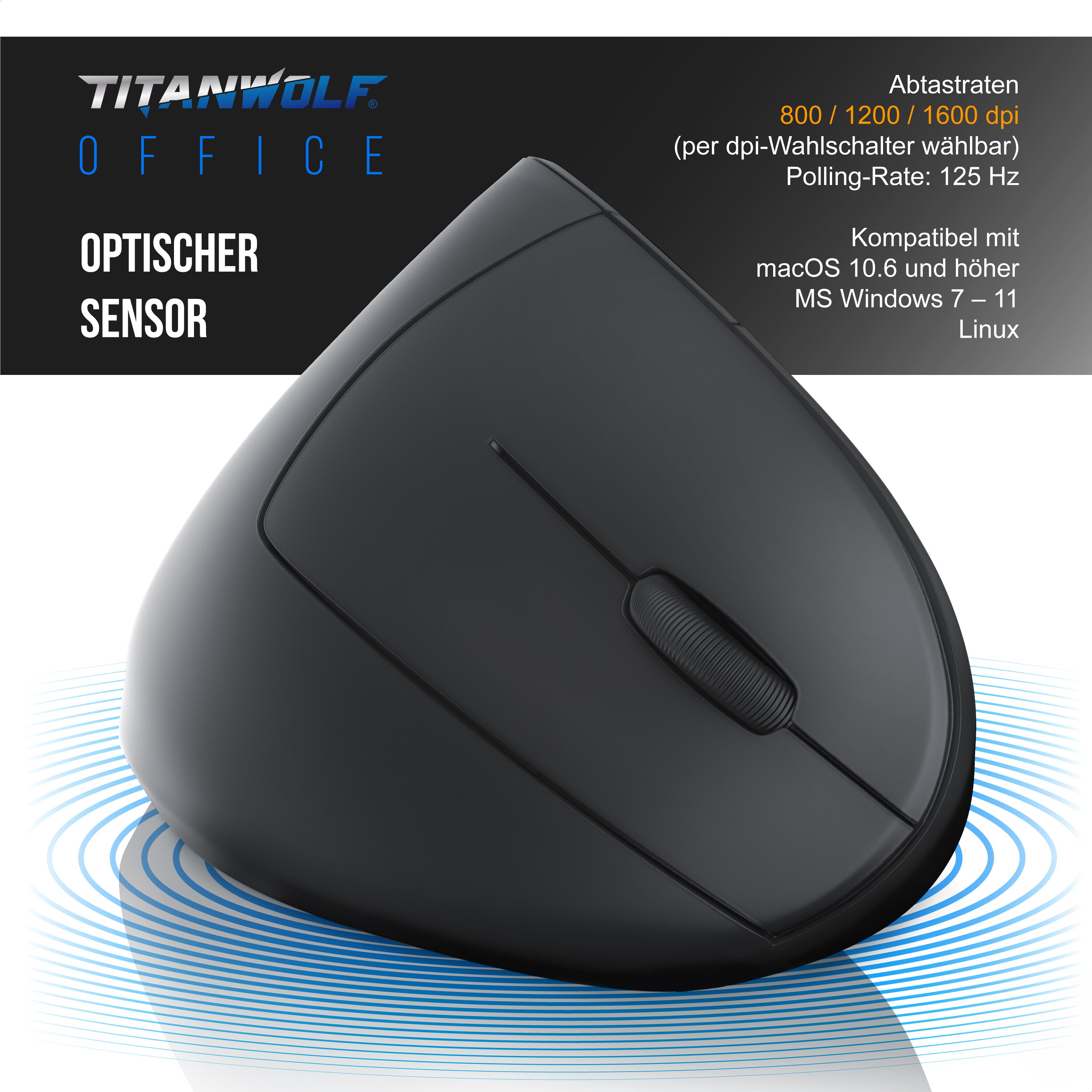 TITANWOLF - Maus Vertikal Wireless - ergonomische Funk Vertikalmaus 2,4 Ghz - USB Vertical Mouse - Funkmaus ergonomisches Design - armschonend