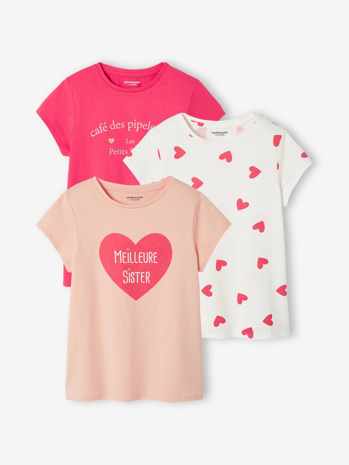 Conjunto de 3 camisetas sortidas com detalhes iridescentes, para meninas, cor damasco.