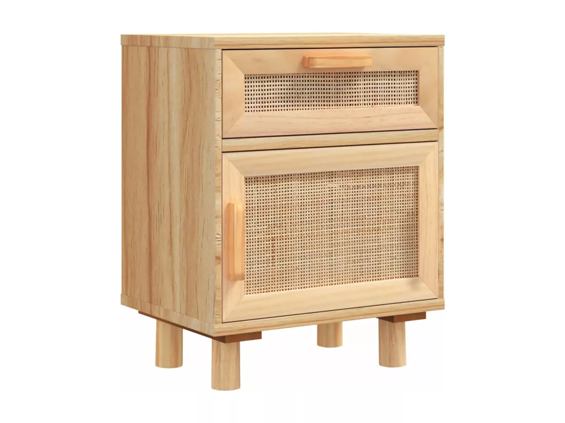 Table de chevet Marron Bois de pin massif et rotin naturel