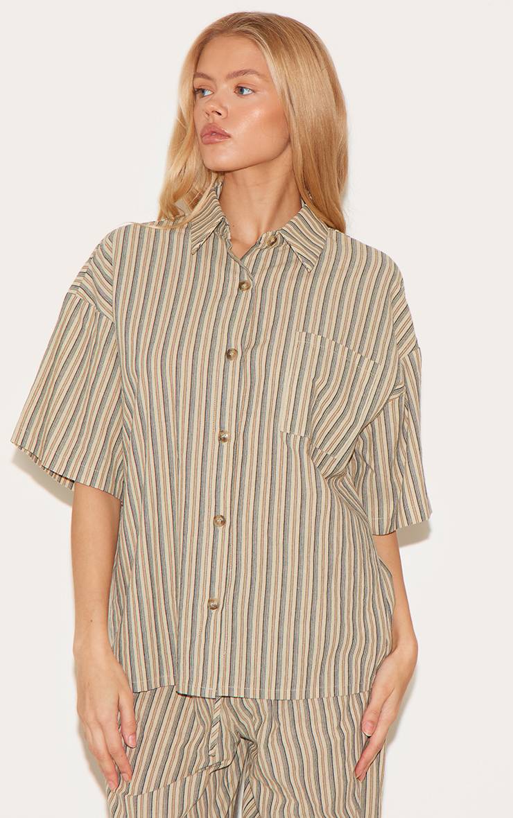 Vert Chemise Oversize À Manches Courtes À Fines Rayures