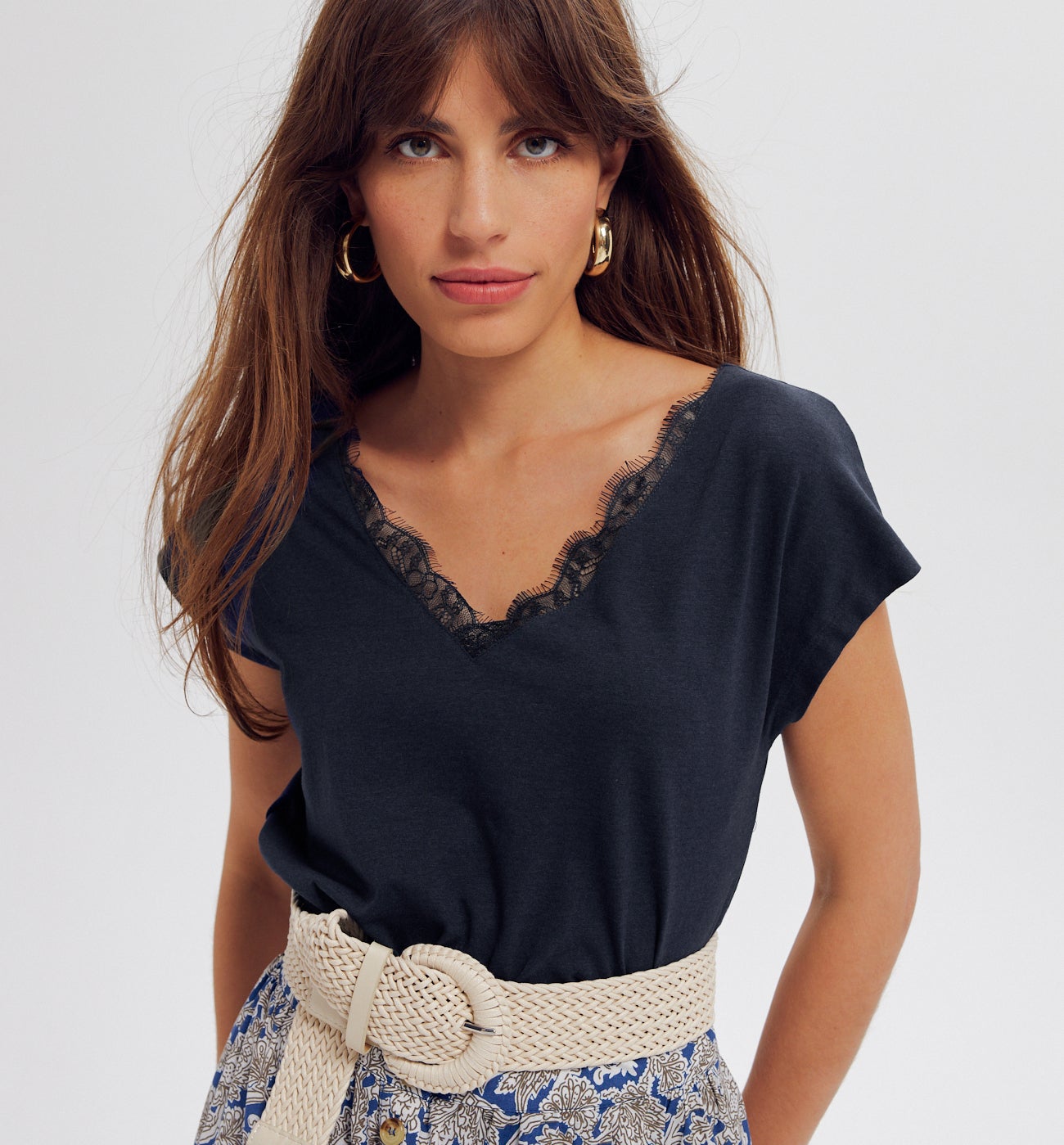 T-shirt détail dentelle Femme - Marine