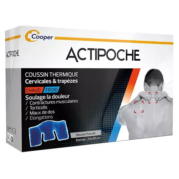 Almofada de gel térmico Actipoche para contraturas dos músculos cervicais e trapézios.
