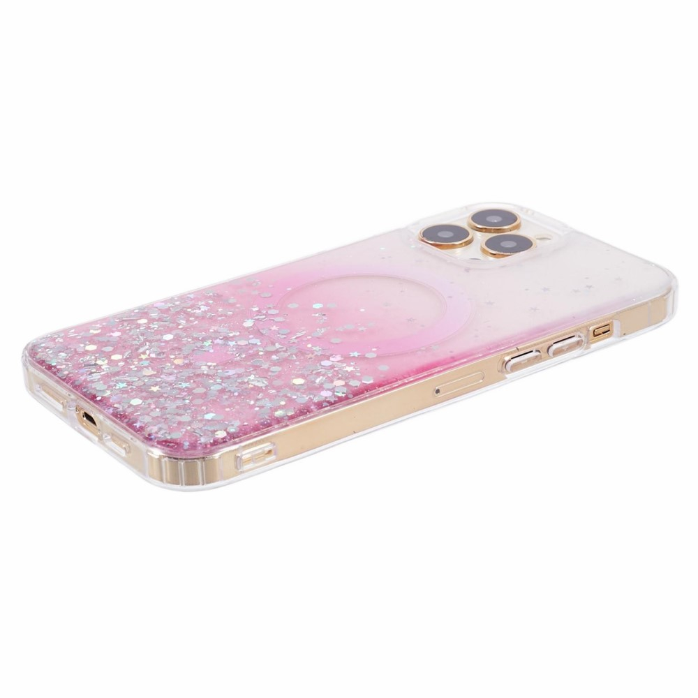 iPhone 14 Pro Max MagSafe Hülle mit Acryl Rückseite und Farbverlauf im Glitzer Design - Rosa