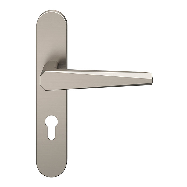 Ensemble poignée sur plaque rondcylindre GoodHome Keri effet nickel satin gris L.140mm x l.42mm entraxe 165-195mm