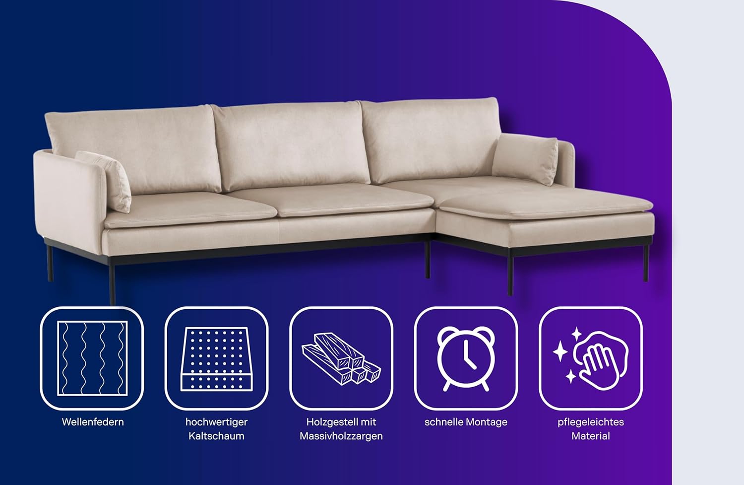 Traumnacht Ecksofa Lyon Sofa 2-Sitzer mit Recamiere, beige/Recamiere lässt sich flexibel an der rechten oder linken Seite anbauen, produziert nach deutschem Qualitätsstandard, leichter Aufbau