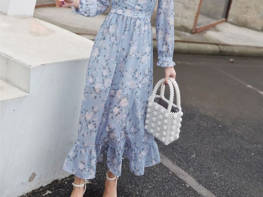 Doowex - Midi-jurk met lange mouwen en bloemenprint van chiffon