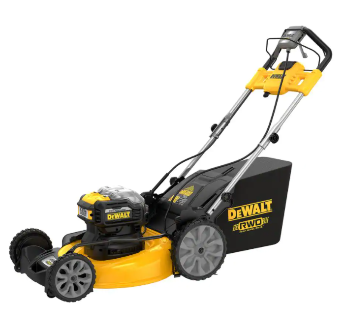 Cortador de grama elétrico sem fio DEWALT de 21 polegadas (53 cm), 20 volts, com duas baterias Flexvolt de 12 Ah e carregador.