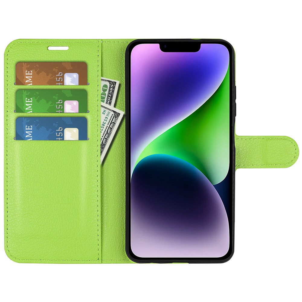 iPhone 15 Leder Tasche Flip Cover Litchi Look - Grün