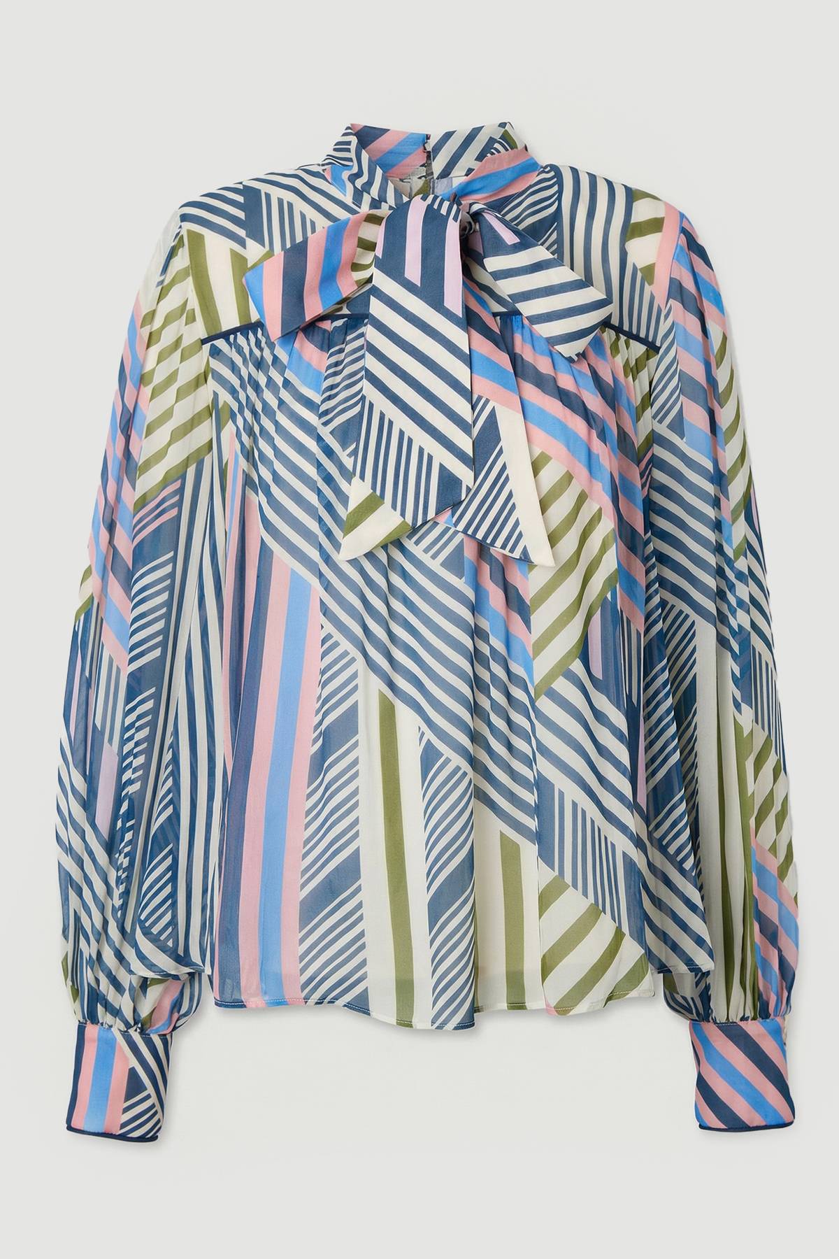 KarenMillen Blouse Tissée à Imprimé Géométrique en Georgette de Viscose avec Nœud Lavallière