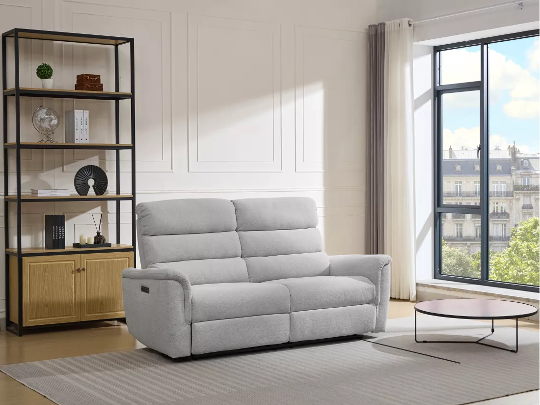 Canapé 3 places relax électrique en tissu gris clair CARTASIA