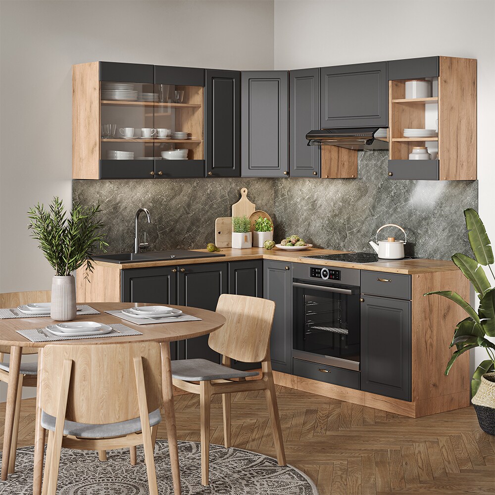 Vicco Eckküche Küchenzeile Einbauküche Fame-Line Landhaus Eiche Anthrazit Gold 190 cm Schubunterschrank Spülenunterschrank Eckunterschrank Herdumbauschrank Hängeglasschrank Hängeschrank