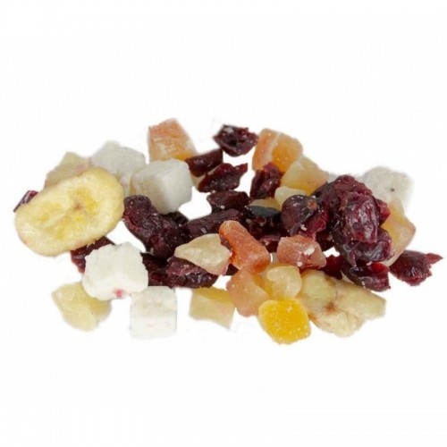 Mix de frutas secas para papagaios, com sabor de coco, banana, mamão e mirtilo.
