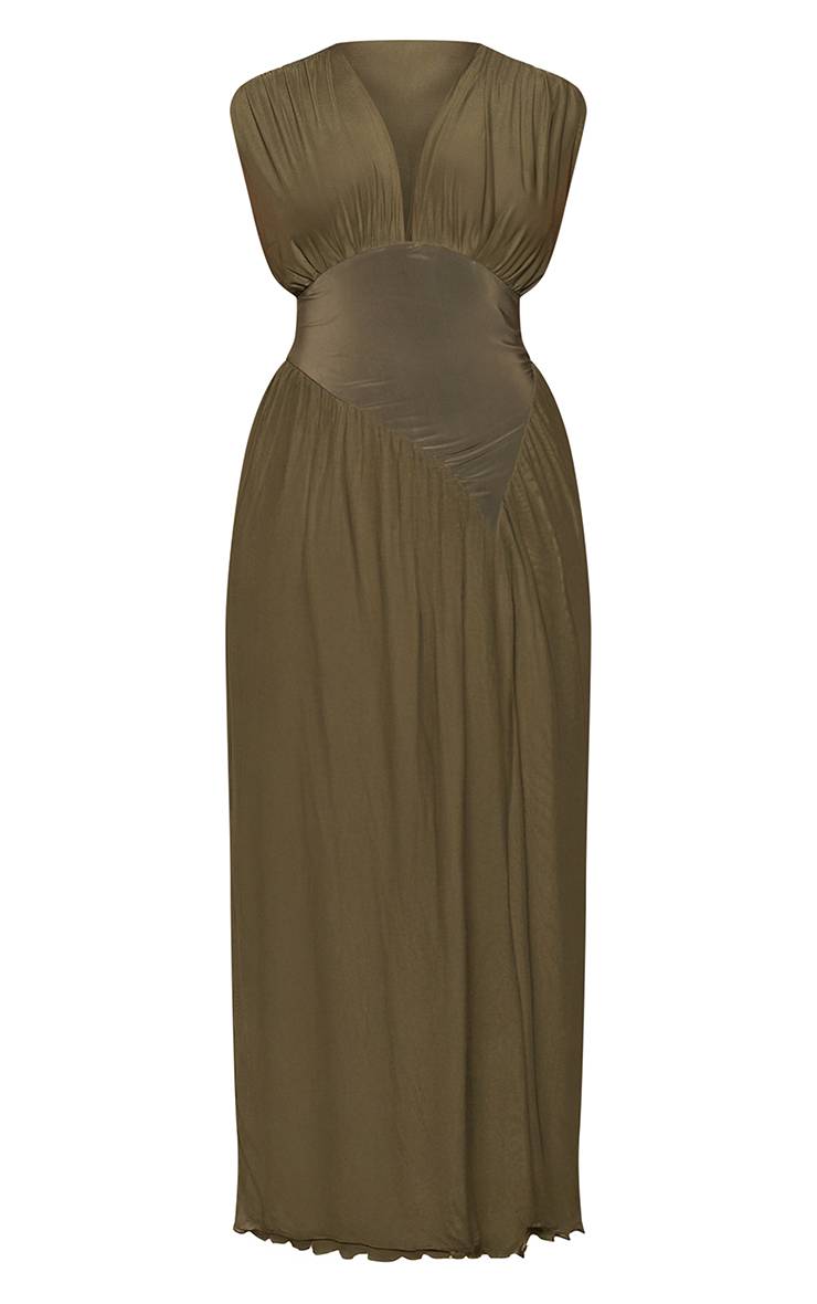 Vert Olive Foncé Robe Maxi Moulante À Décolleté Plongeant En Mesh Olive Profond