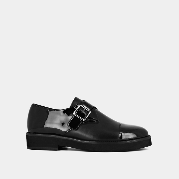 Derbies à talons plats, bouts ronds et b...  en cuir et vernis noir