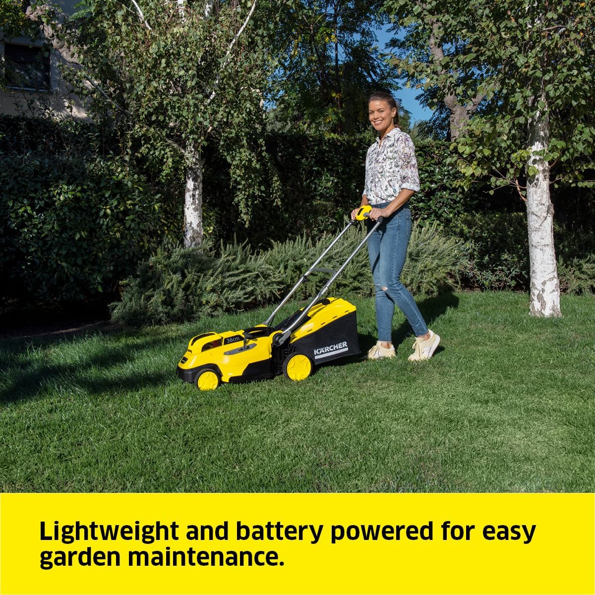Kärcher LMO 18-36 Battery Akku-Rasenmäher (Akku: 18 V / 5,0 Ah, max. Flächenleistung: 250 qm, Schnittbreite: 33 cm, 4-fach höhenverstellbar, 35 Liter Fangkorb, Mulchkeil)