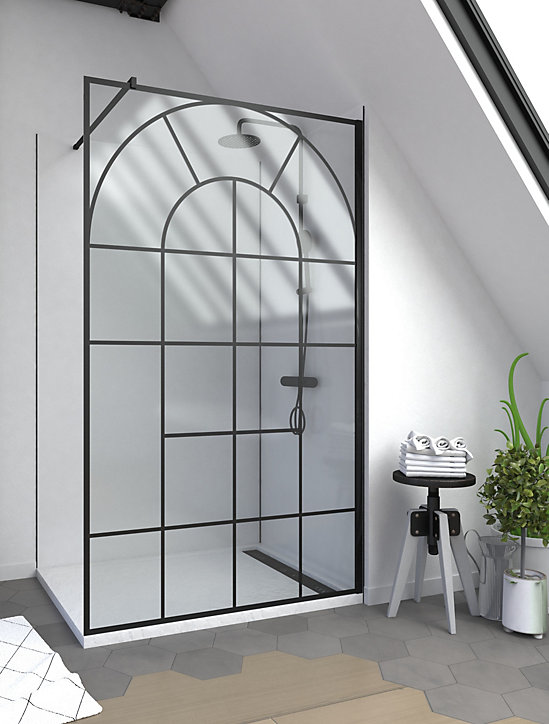 Paroi de douche à l'italienne fixe 120 x 195 cm, motifs verrière orangerie, noir mat, Galedo Garden