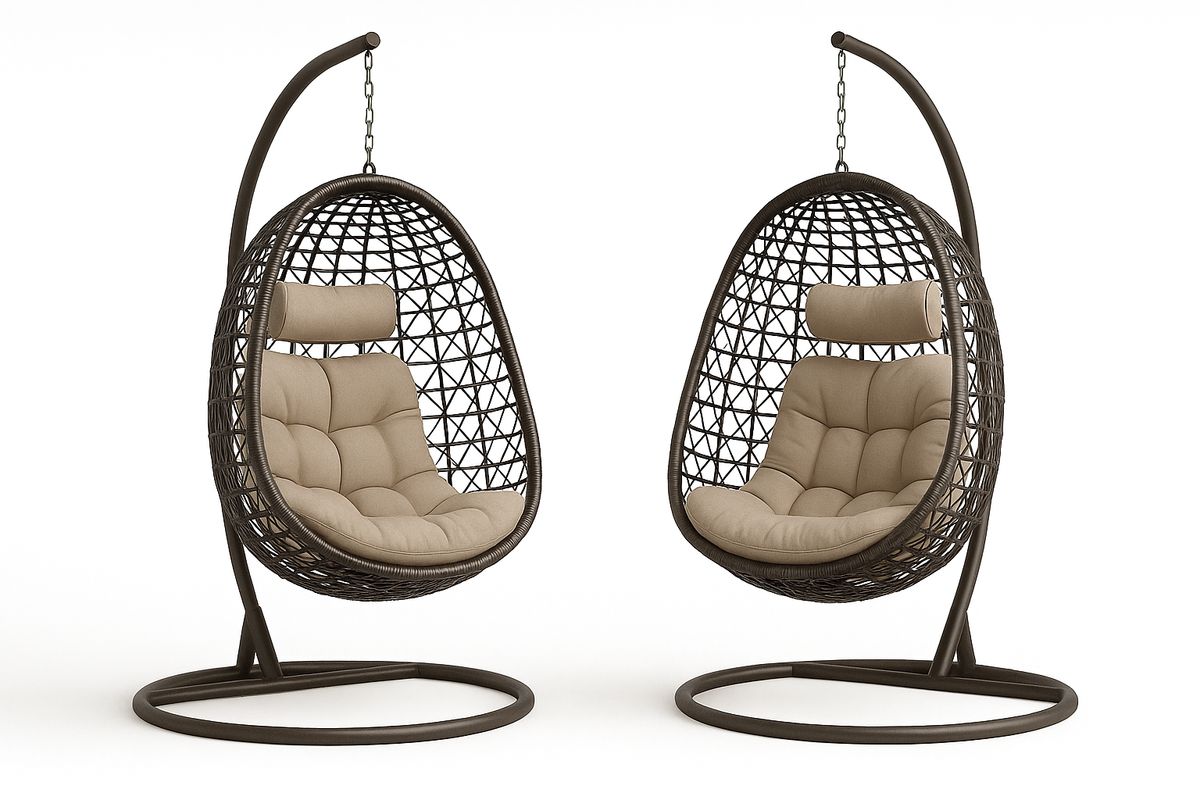 Set aus zwei hängenden Rattan-Eierstühlen mit Polyesterkissen Braun