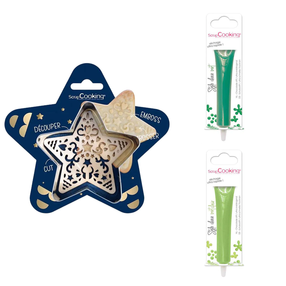 Kit pour biscuit en relief Étoile + 2 Stylos au chocolat vert et vert