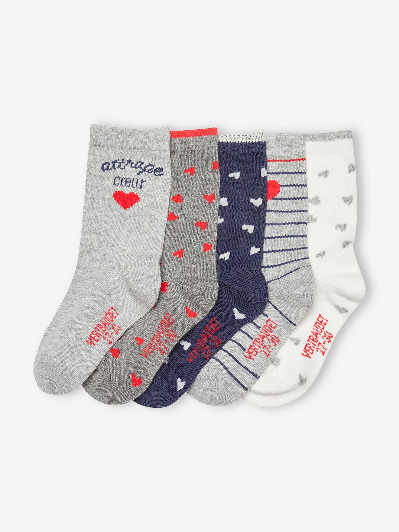 Pacote com 5 pares de meias Hearts, estampa azul escura, para meninas.