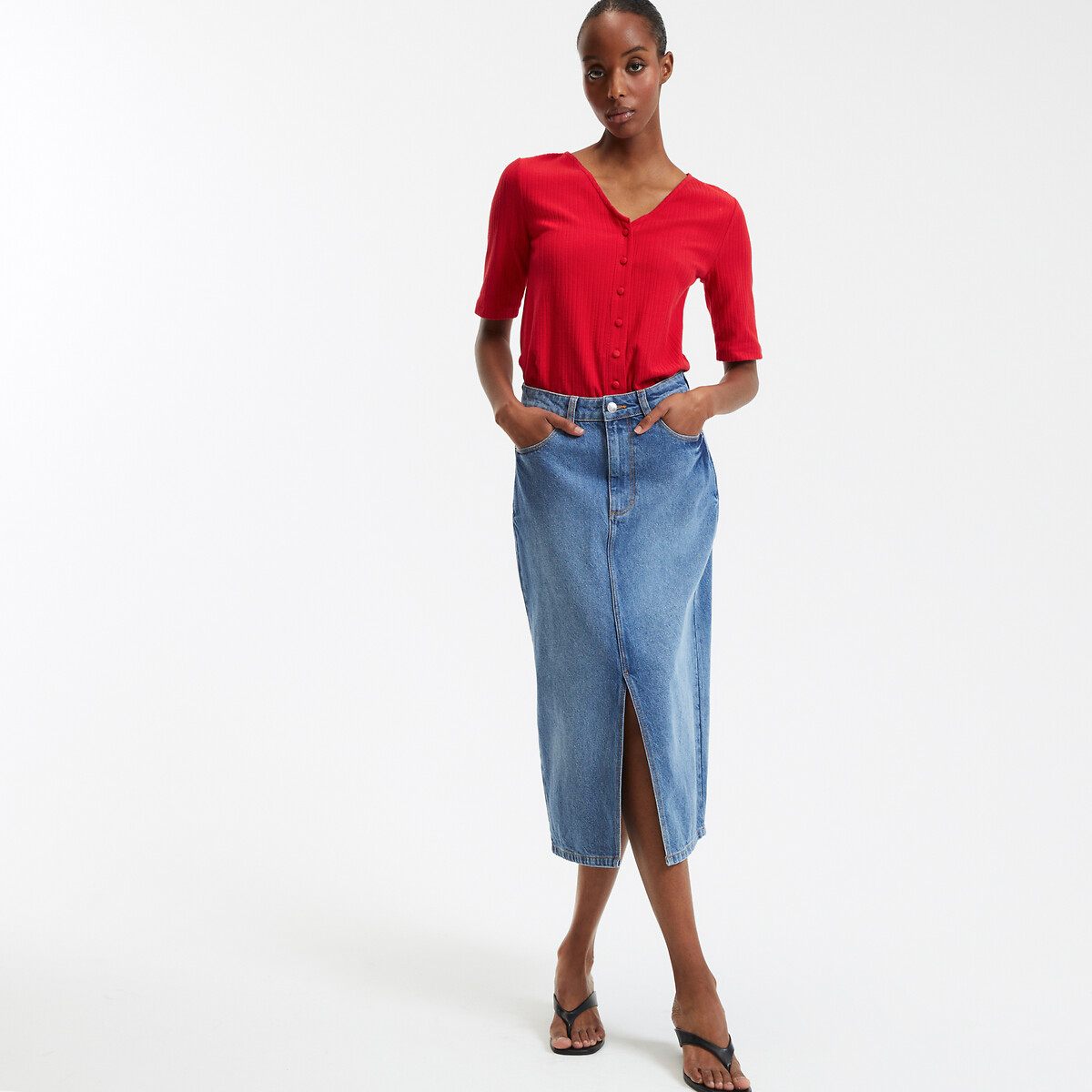 COLEÇÕES LA REDOUTE<br>Calça jeans midi com corte reto