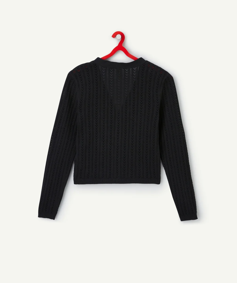 gilet ajouré fille en coton bio noir col v