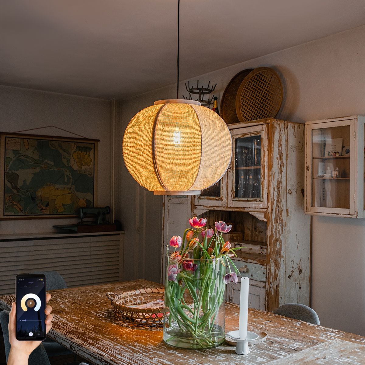 Smart hanglamp naturel stof 48 cm incl. Wifi G95 - Rob