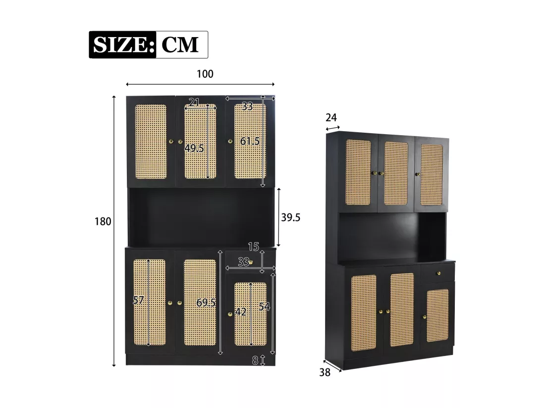 Vitrine H 180cm - 6 portes en rotin et un tiroir - Noir