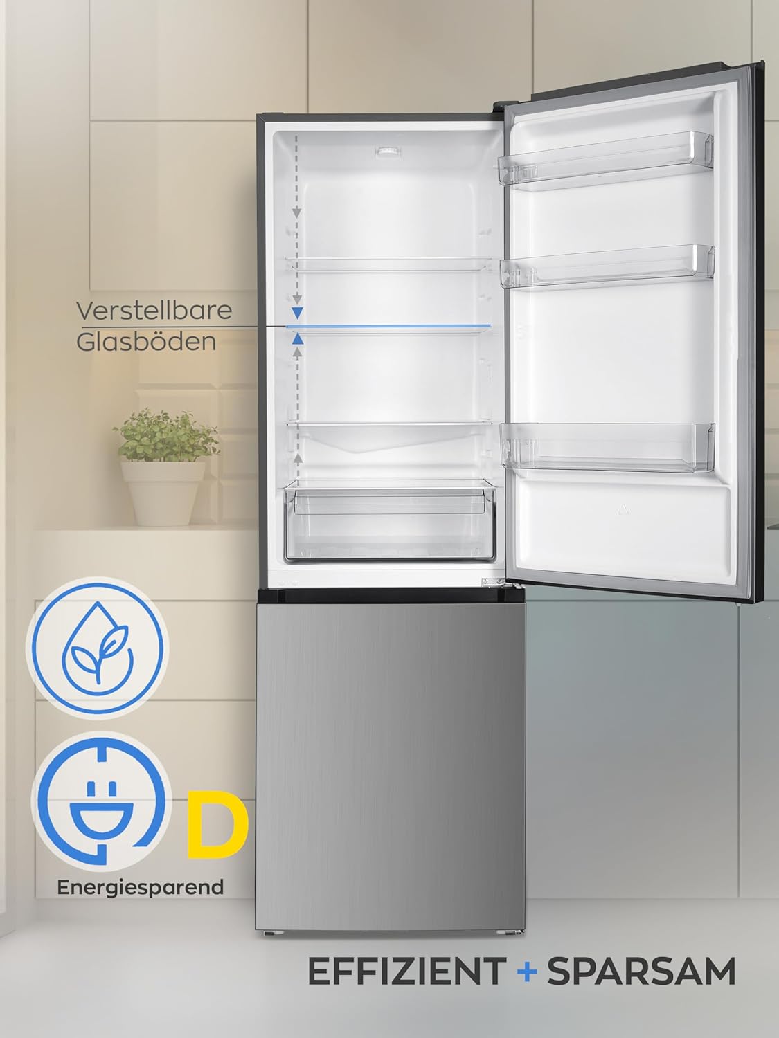 Heinrich´s Kühlgefrierkombination mit 315 L Gesamtvolumen, 219 L Kühlvolumen 96 L Gefriervolumen, LED Beleuchtung, Türanschlag wechselbar, leise 40 dB, große Tiefkühlboxen, 7 Temperaturstufen, Inox
