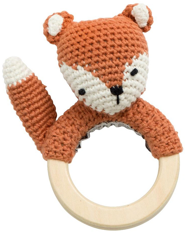 Häkel-Rassel SPARKY DER FUCHS mit Holzring in rotbraun