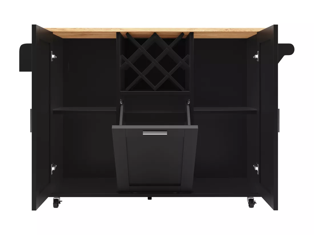 Ilot central de cuisine - chariot à roulette avec plateau extensible - 2 portes et casier à vin - Noir