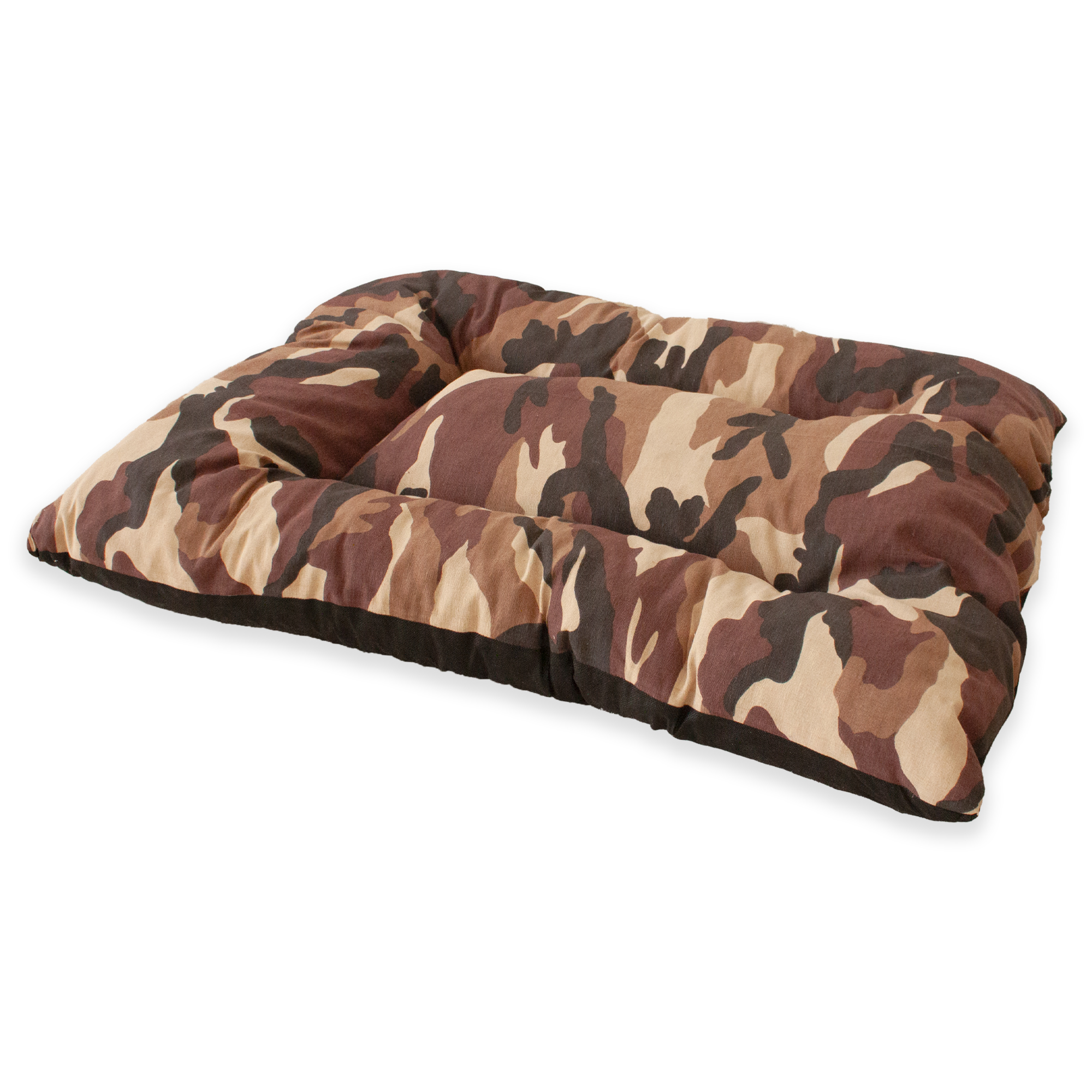Almofada grande acolchoada para animais de estimação com enchimento camuflado. Marrom e preto. 85 x 70 x 10 cm